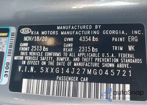 2021 Kia K5 Lxs z USA, uszkodzony, nr VIN 5XXG14J27MG045721